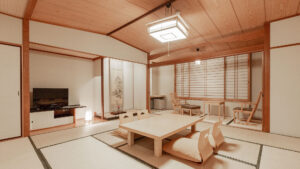 Chambre en tatami avec table basse et chaises de sol