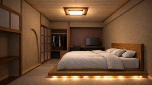 Lit plateforme bas dans une chambre japonaise traditionnelle
