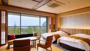 Twin beds in a room with window seating