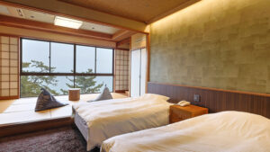 Twin beds in a tatami room by the window