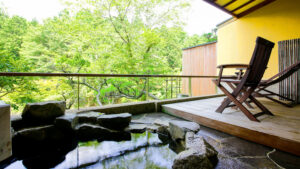 阳台椅旁的露天石浴池，可欣赏森林景观