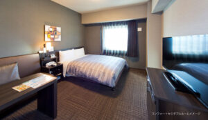 Guest room with double bed, desk, and television
