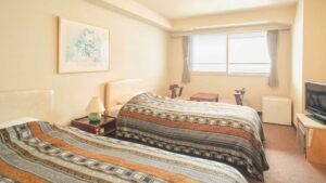 窓際の座席がある客室のツインベッド