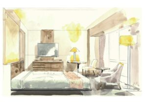 ベッドと椅子のある客室の水彩画風レンダリング