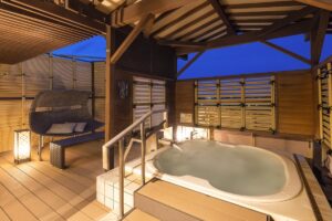 Private open-air bath on a covered balcony
