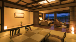 Tatami room with low table and chairs by window