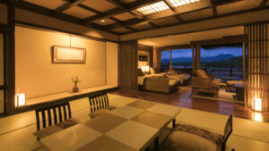 Tatami room with low table and chairs by window