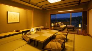 Tatami room with low table and chairs by window