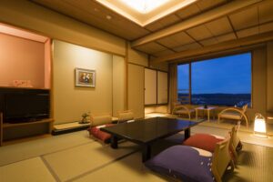 Tatami room with low table and floor chairs