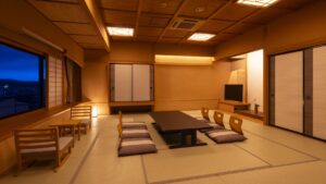 Tatami room with low table and floor cushions