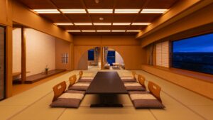 Tatami room with low table and floor cushions