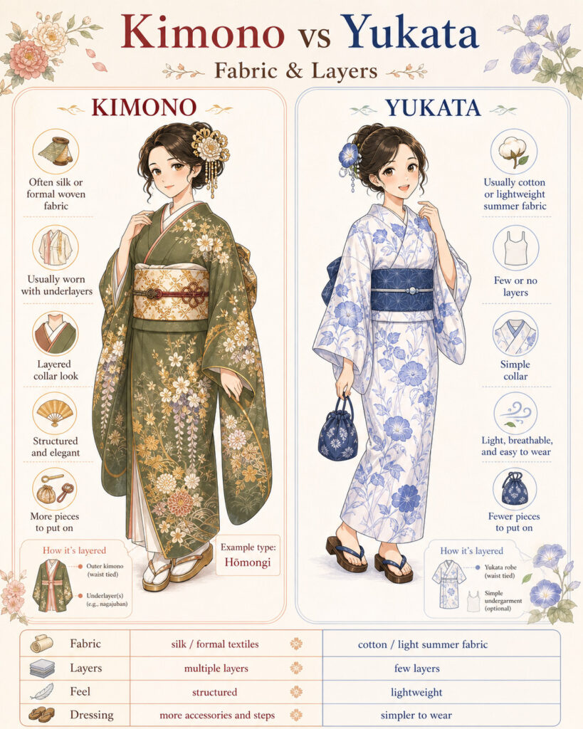 Drawing of the difference between kimono and yukata in terms of fabric