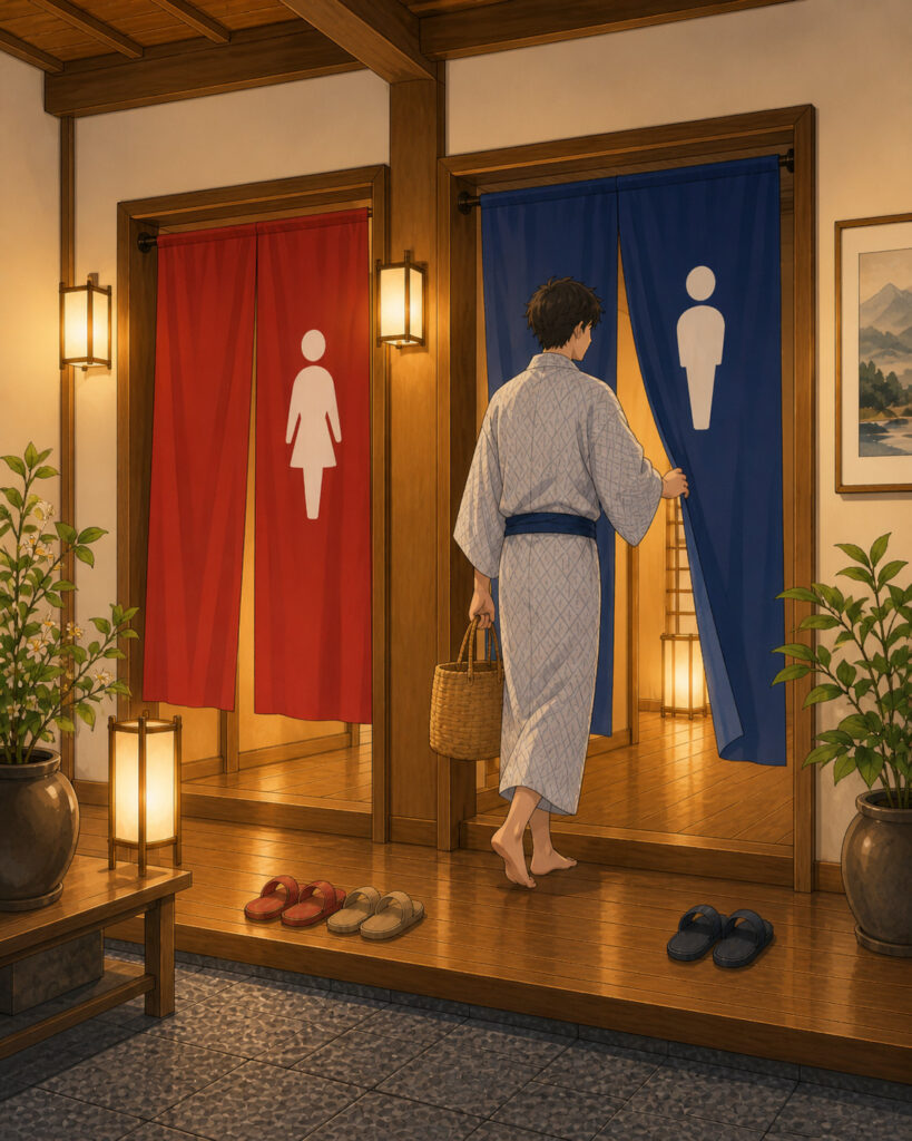 enter the clearly separated gender room at the onsen