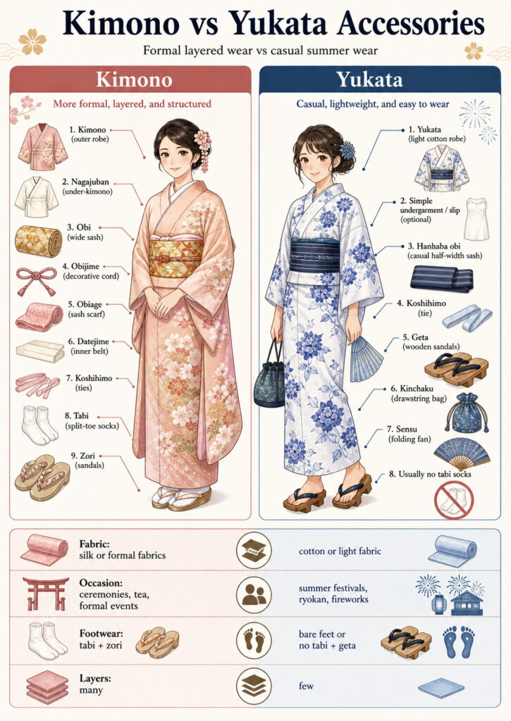 Drawing explaining the difference between a kimono and a yukata including the difference in accessories