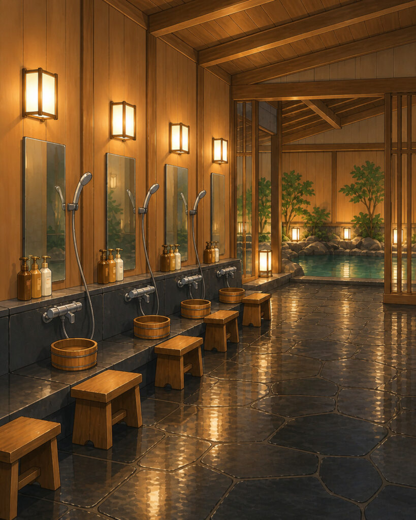 How the shower area in the onsen looks like