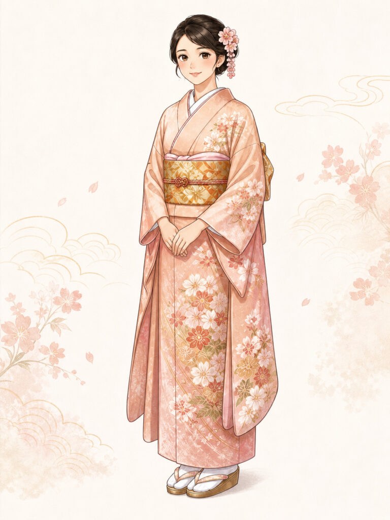 What is a kimono: drawing of a Japanese lady wearing an elegant kimono