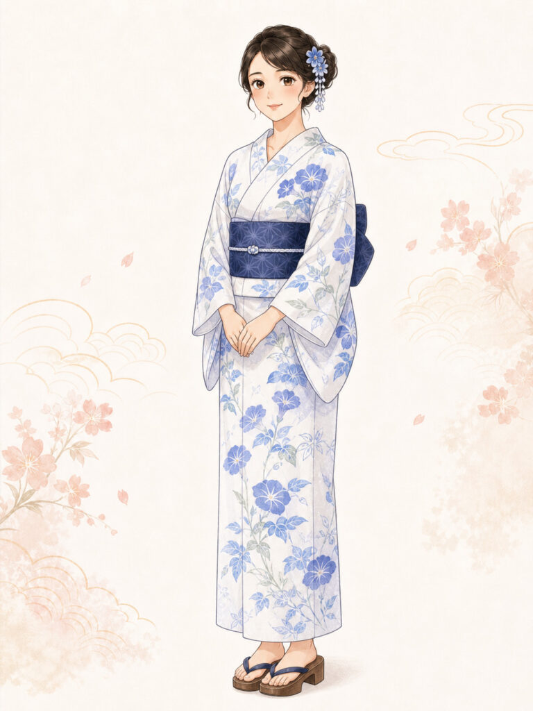 What is a yukata - drawing of a Japanese lady wearing a yukata