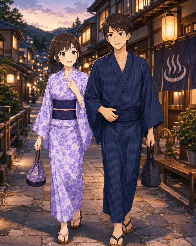 Paar erkundet die Onsen-Stadt in Yukata