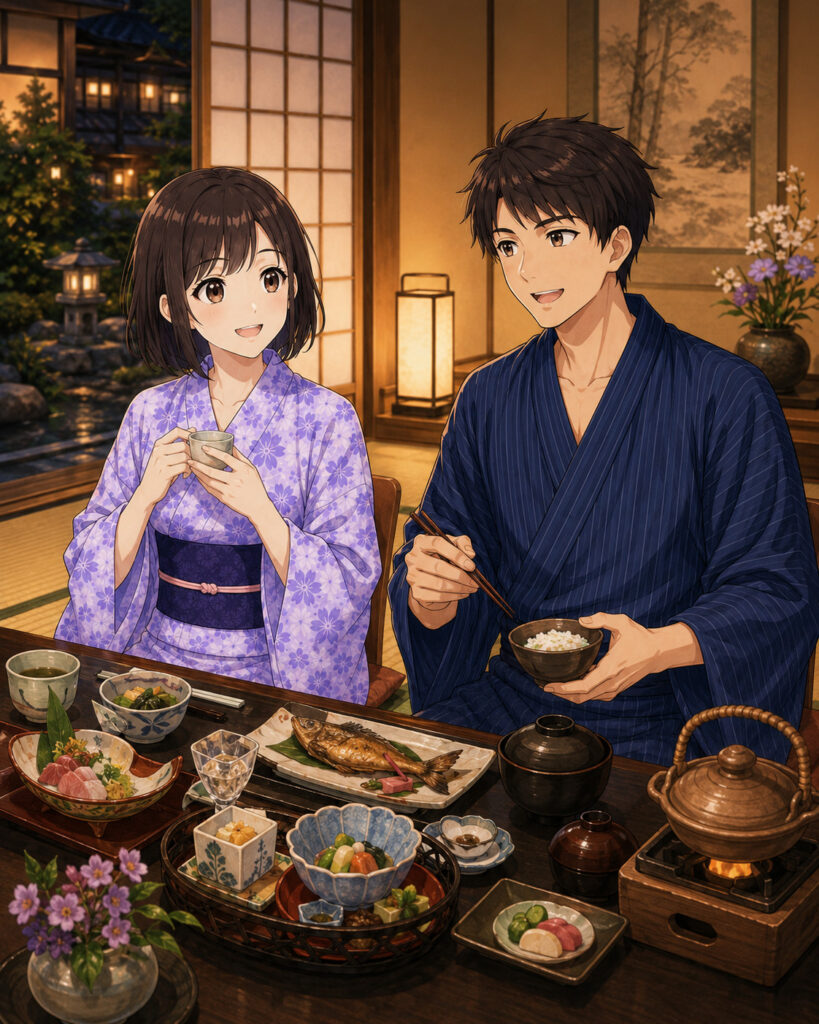 Paar trägt Yukata beim Kaiseki-Abendessen im Ryokan