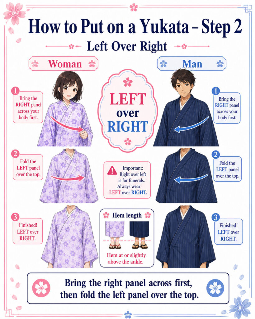 Beim Yukata immer die linke Stoffbahn über die rechte legen