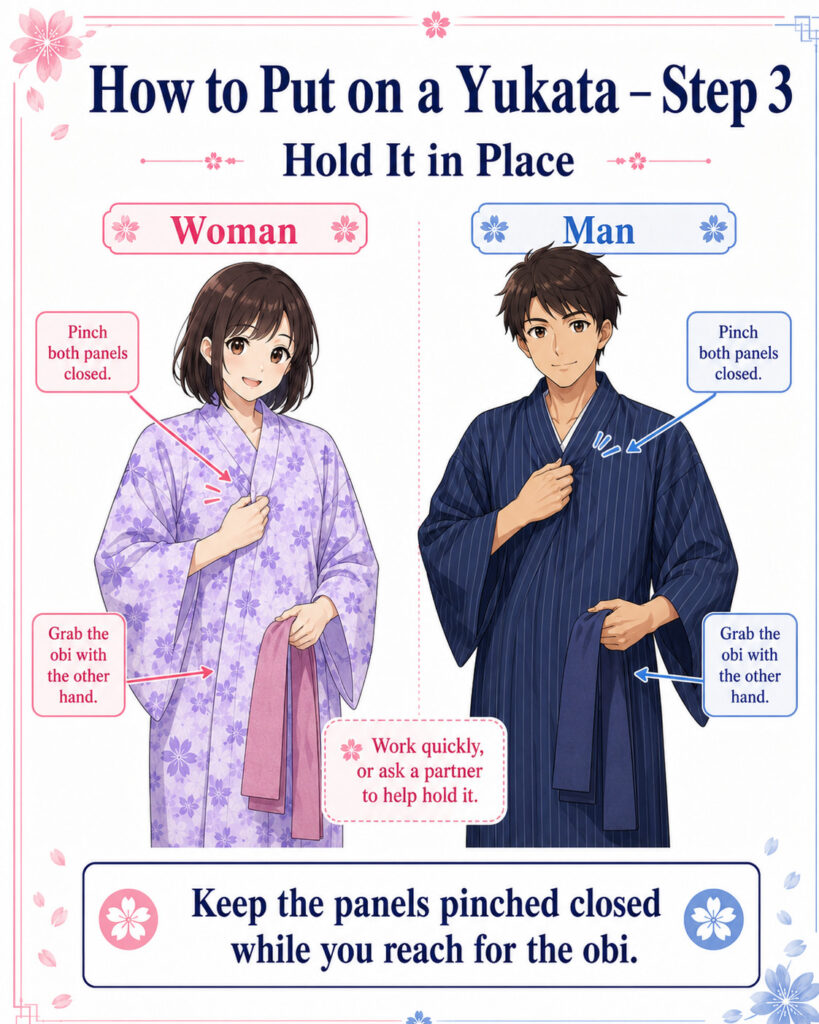 Den Yukata festhalten, damit er an Ort und Stelle bleibt