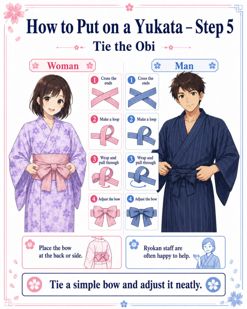 Den Obi für den Yukata binden und nach hinten oder zur Seite schieben