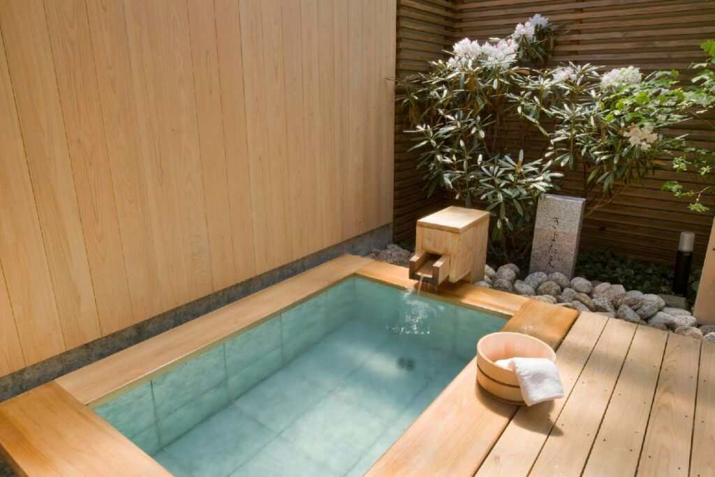 Square Open Air Bath On A Wooden Deck