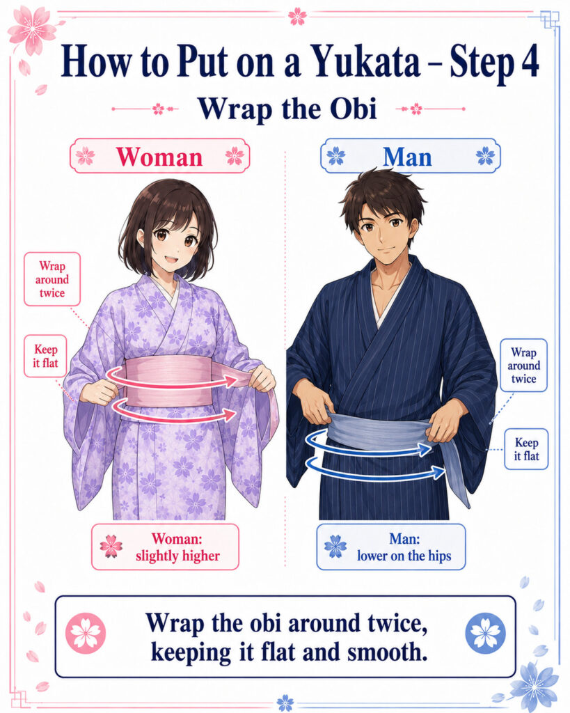 Den Obi um den Yukata wickeln
